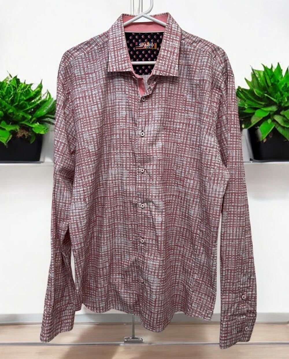 SPAZIO Uomo Men's Shirt Long Sleeve Pink Plaid Size XL Pink Trim Excellent